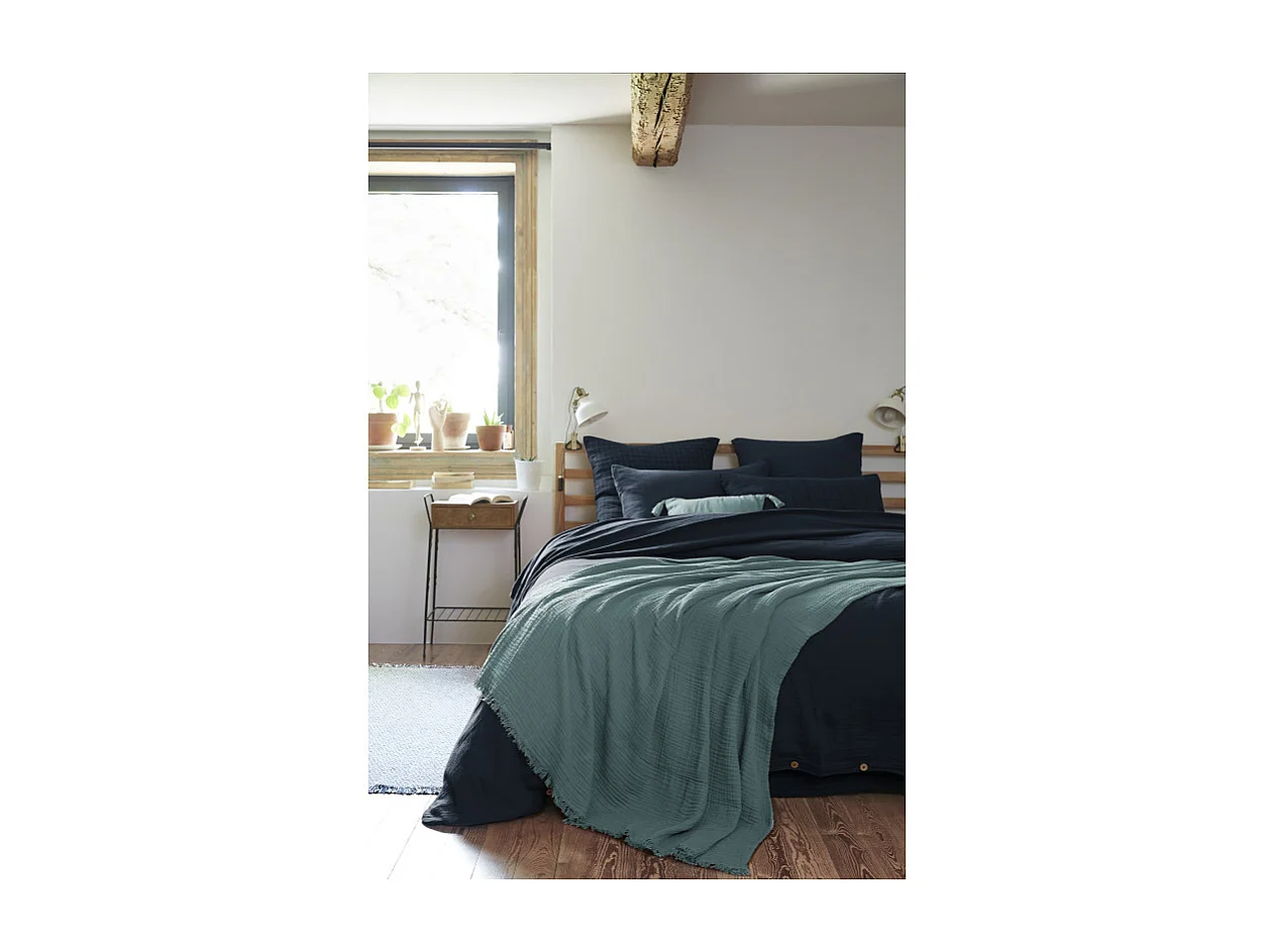 Lot de 2 coussins double gaze de coton bleu canard avec pompons - PEPA