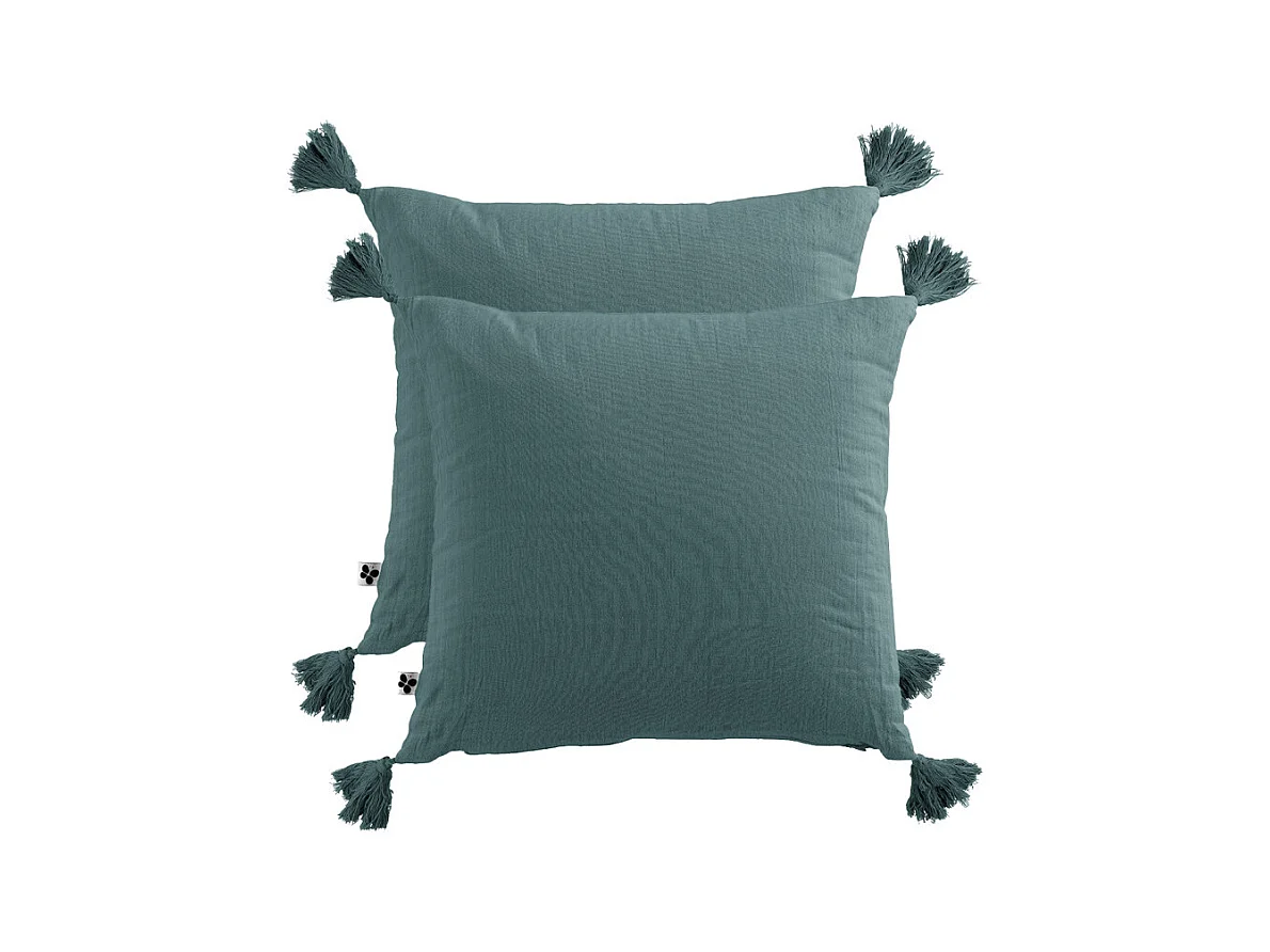 Lot de 2 coussins double gaze de coton bleu canard avec pompons - PEPA