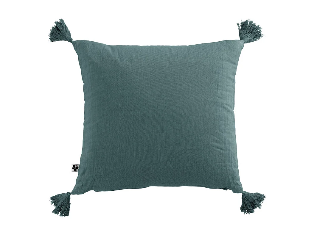 Lot de 2 coussins double gaze de coton bleu canard avec pompons - PEPA