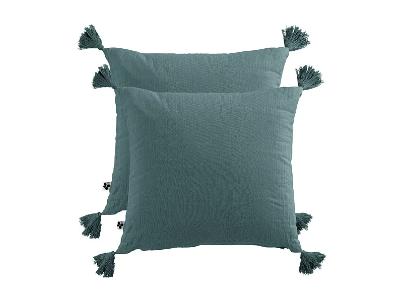 Lot de 2 coussins double gaze de coton bleu canard avec pompons - PEPA