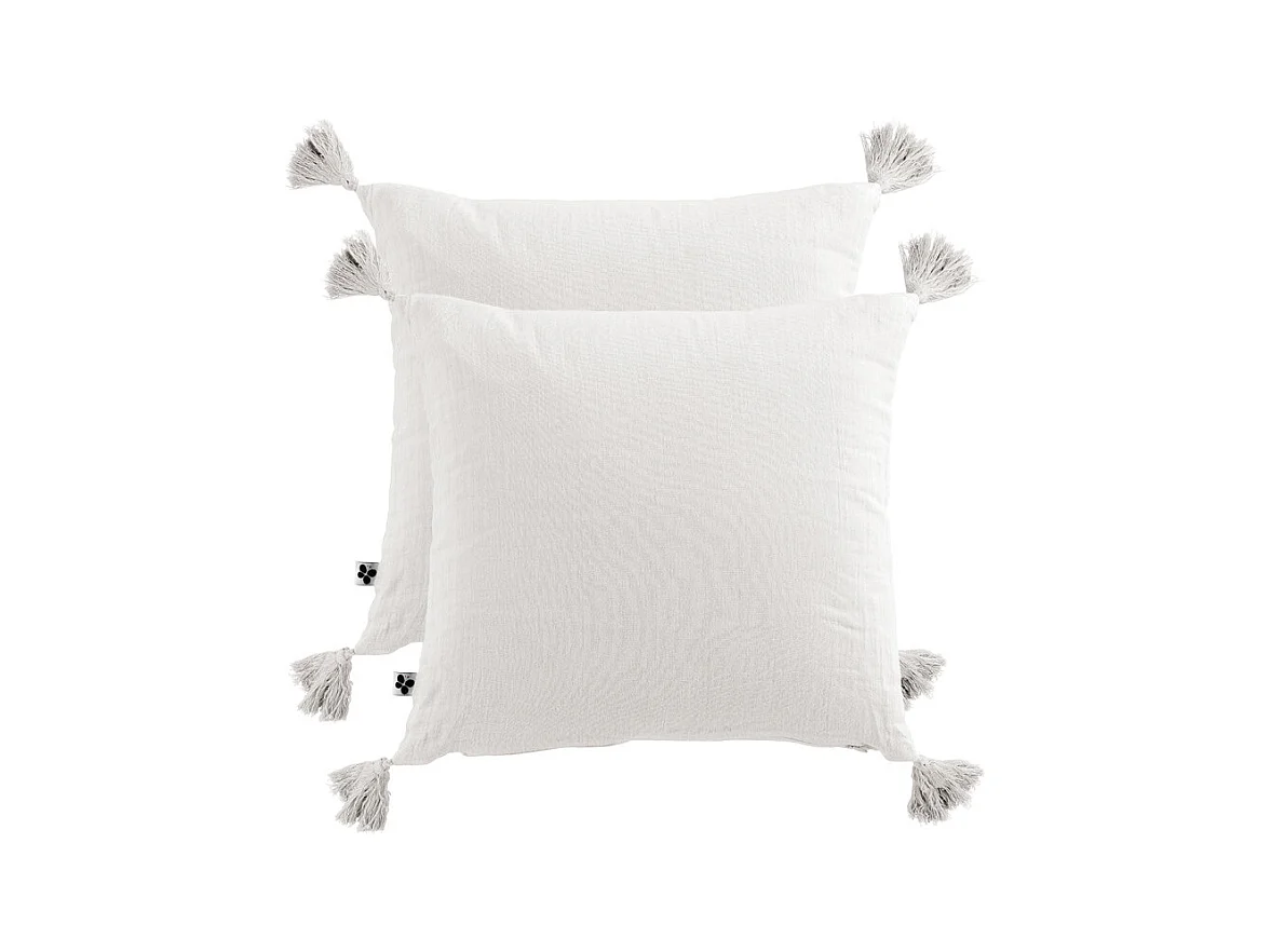 Lot de 2 coussins 40x40 double gaze de coton blanc avec pompons - PEPA