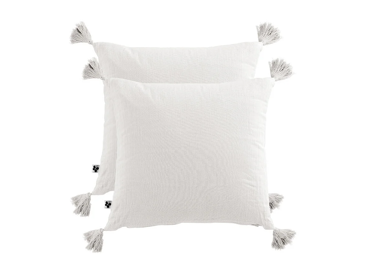 Lot de 2 coussins 40x40 double gaze de coton blanc avec pompons - PEPA
