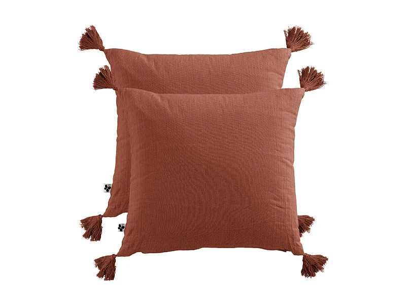 Lot de 2 coussins double gaze de coton terracotta avec pompons - PEPA