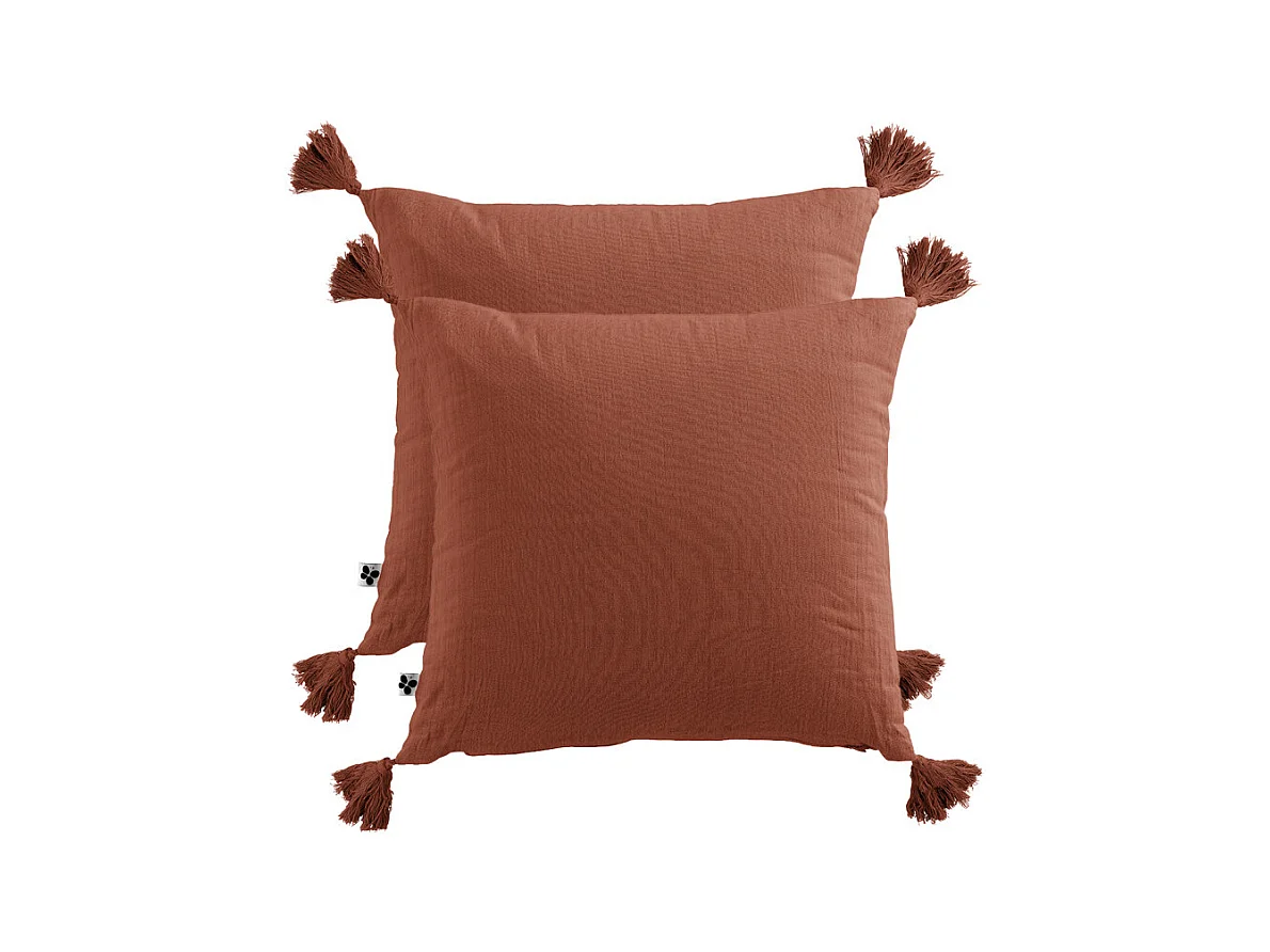 Lot de 2 coussins double gaze de coton terracotta avec pompons - PEPA