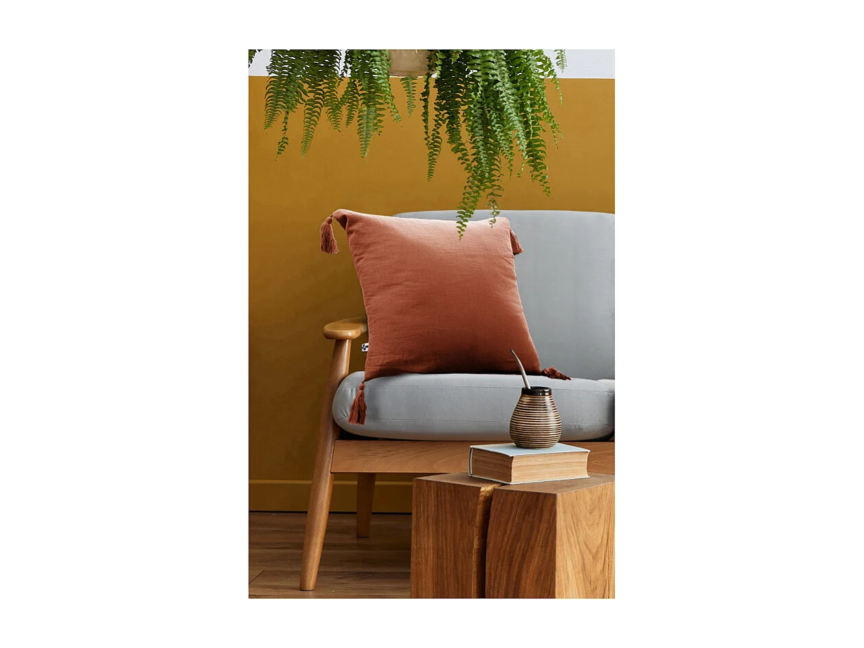 Lot de 2 coussins double gaze de coton terracotta avec pompons - PEPA