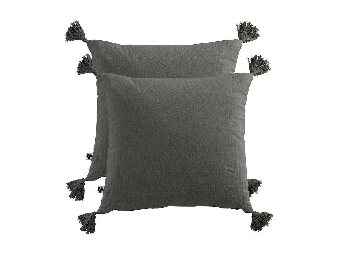 Lot de 2 coussins 40x40 double gaze de coton gris avec pompons - PEPA