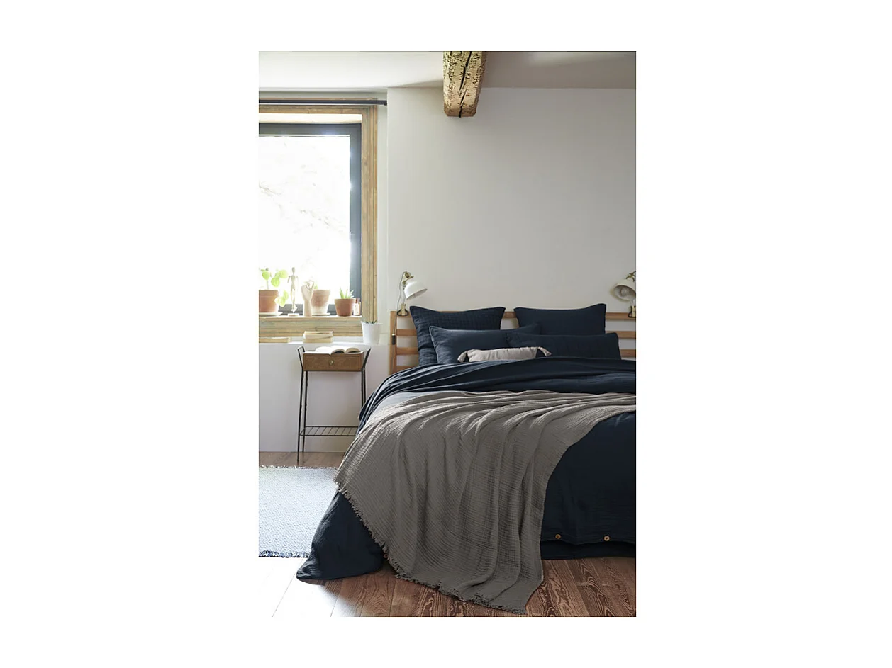 Lot de 2 coussins 40x40 double gaze de coton gris avec pompons - PEPA