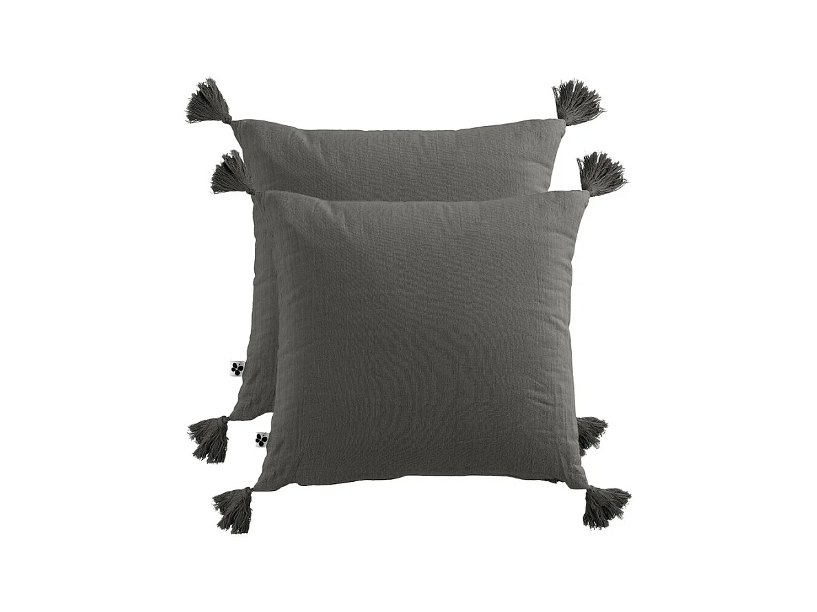 Lot de 2 coussins 40x40 double gaze de coton gris avec pompons - PEPA