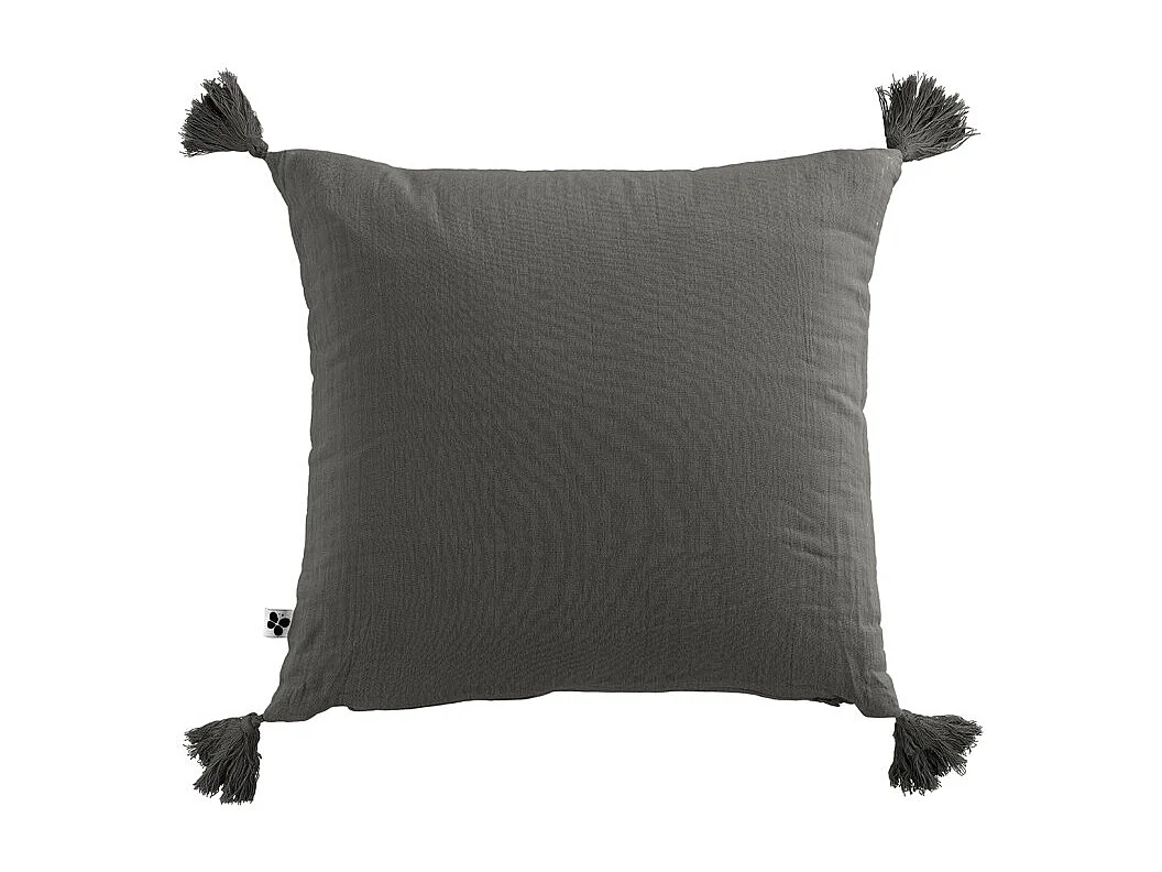 Lot de 2 coussins 40x40 double gaze de coton gris avec pompons - PEPA