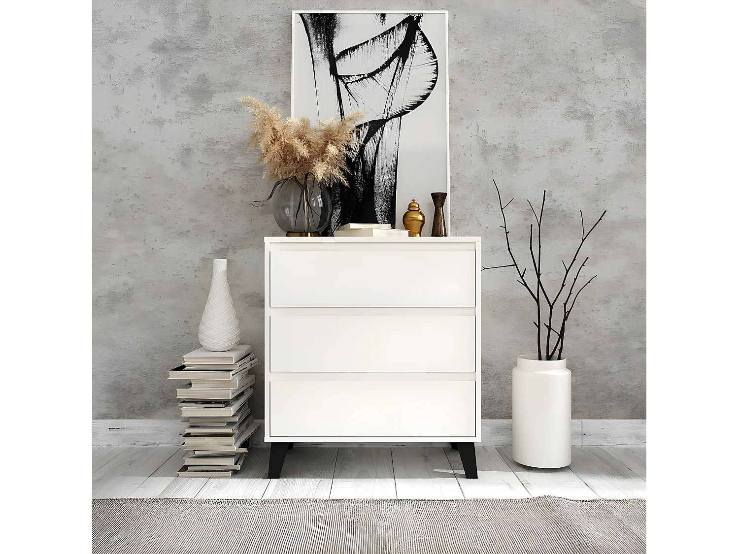 SONIA - Kommode mit 3 Schubladen skandinavischer Stil - 70x39x78.5cm - Aufbewahrungsmöbel - Weiß