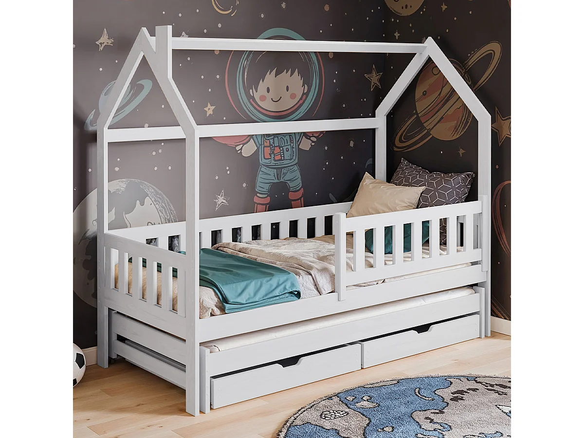 Lit cabane 90x200 sommiers lit gigogne et tiroirs Eliott Blanc