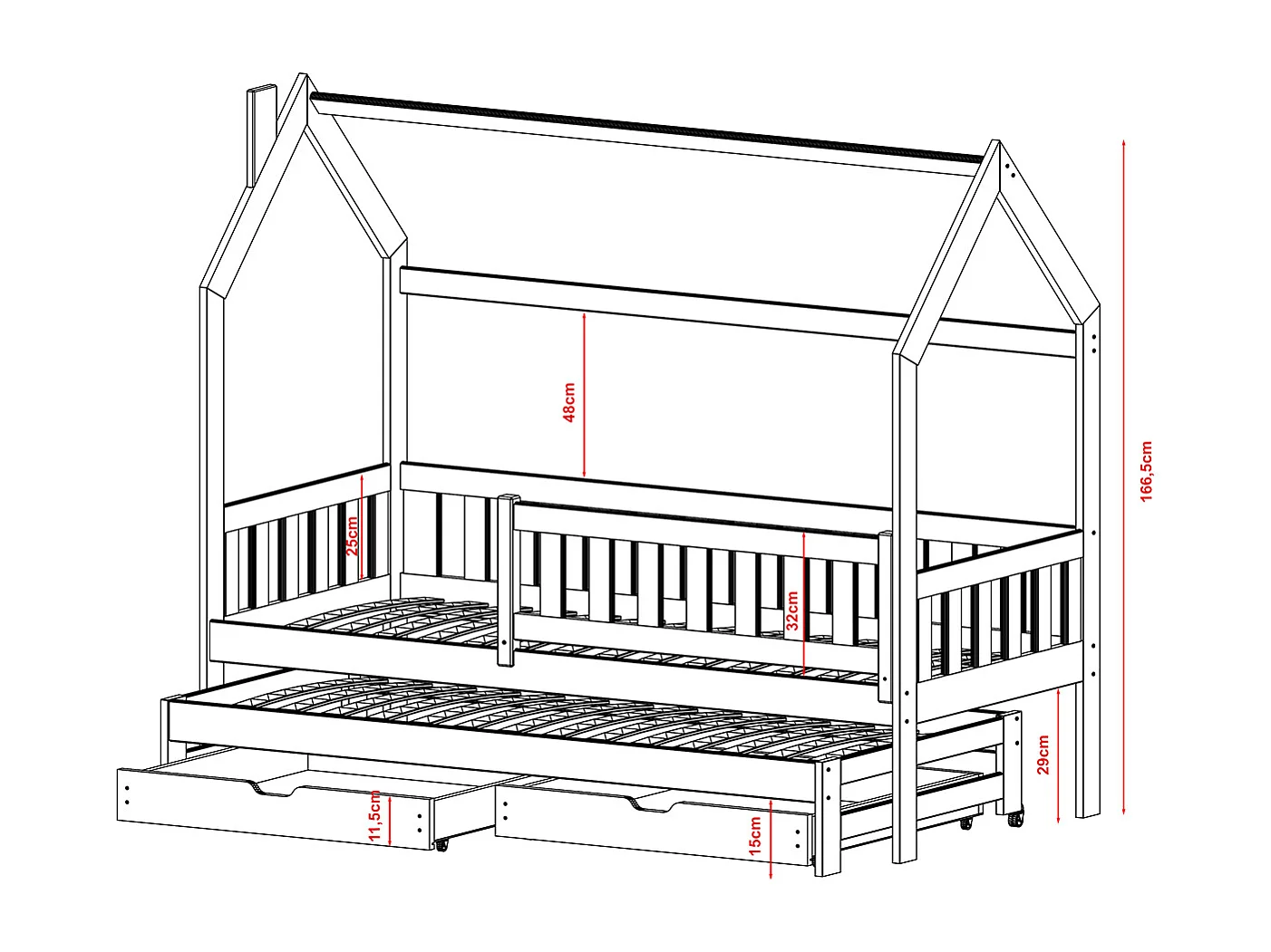 Lit cabane 90x200 sommiers lit gigogne et tiroirs Eliott Blanc