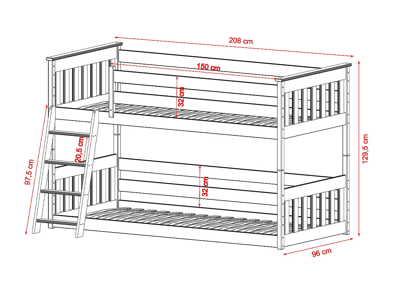 Lit superposé 90x200 au sol sommiers inclus Timeo Blanc