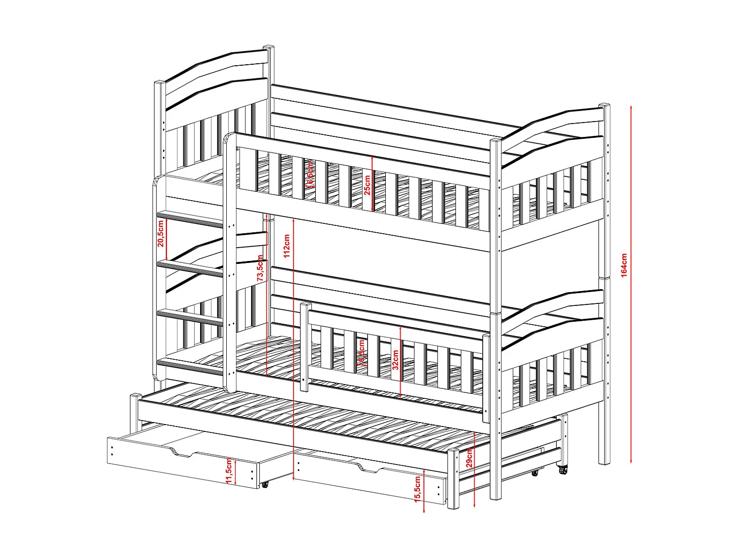 Lit superposé 90x200 sommiers lit gigogne et tiroirs inclus Jules Bois