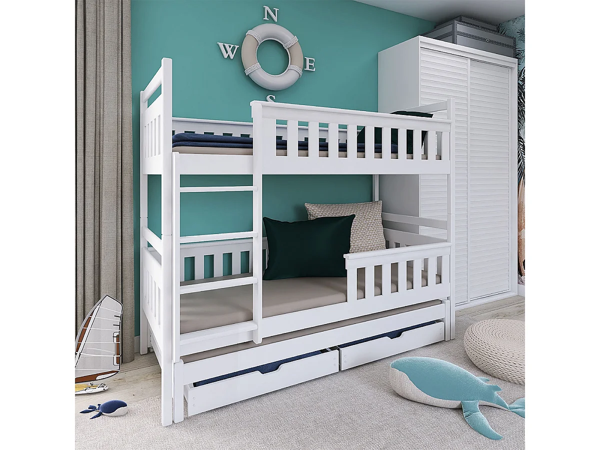 Lit superposé 90x200 sommier lit gigogne et tiroirs inclus Alexis Blanc