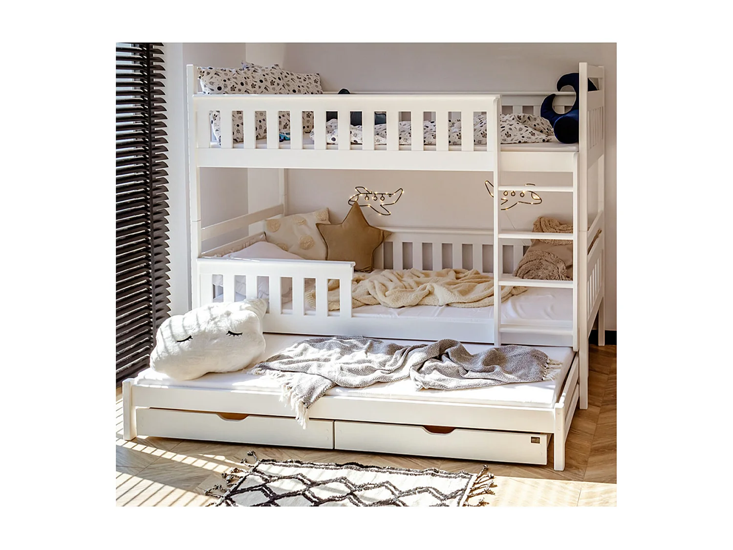 Lit superposé 90x200 sommier lit gigogne et tiroirs inclus Alexis Blanc