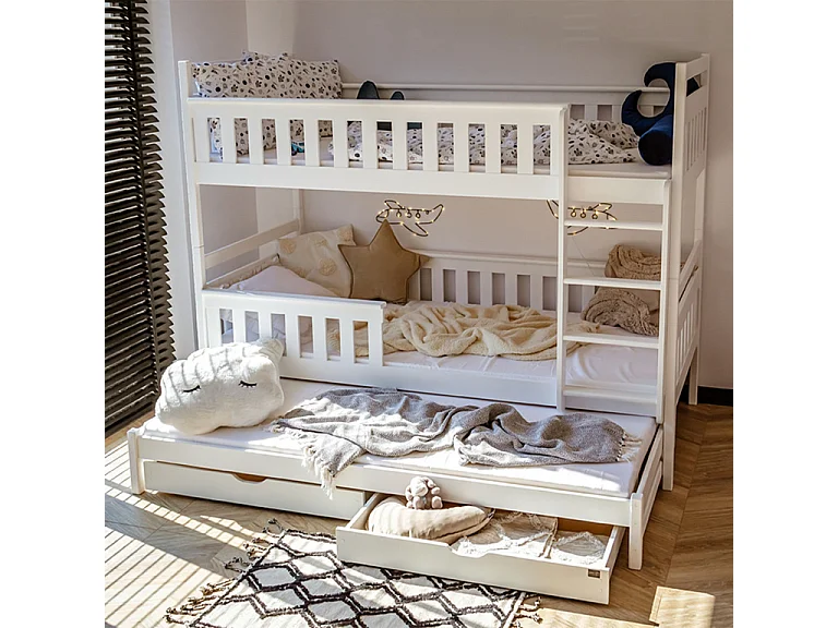 Lit superposé 90x200 sommier lit gigogne et tiroirs inclus Alexis Blanc