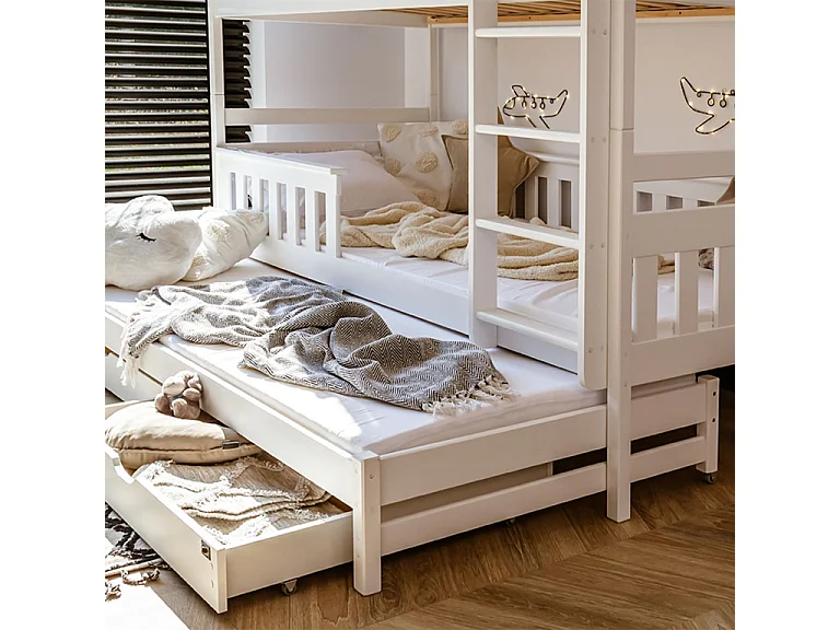 Lit superposé 90x200 sommier lit gigogne et tiroirs inclus Alexis Blanc
