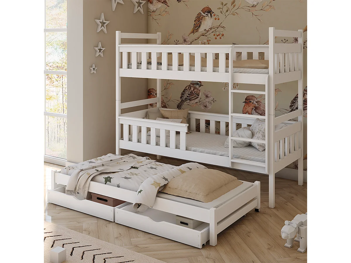 Lit superposé 90x200 sommier lit gigogne et tiroirs inclus Alexis Blanc