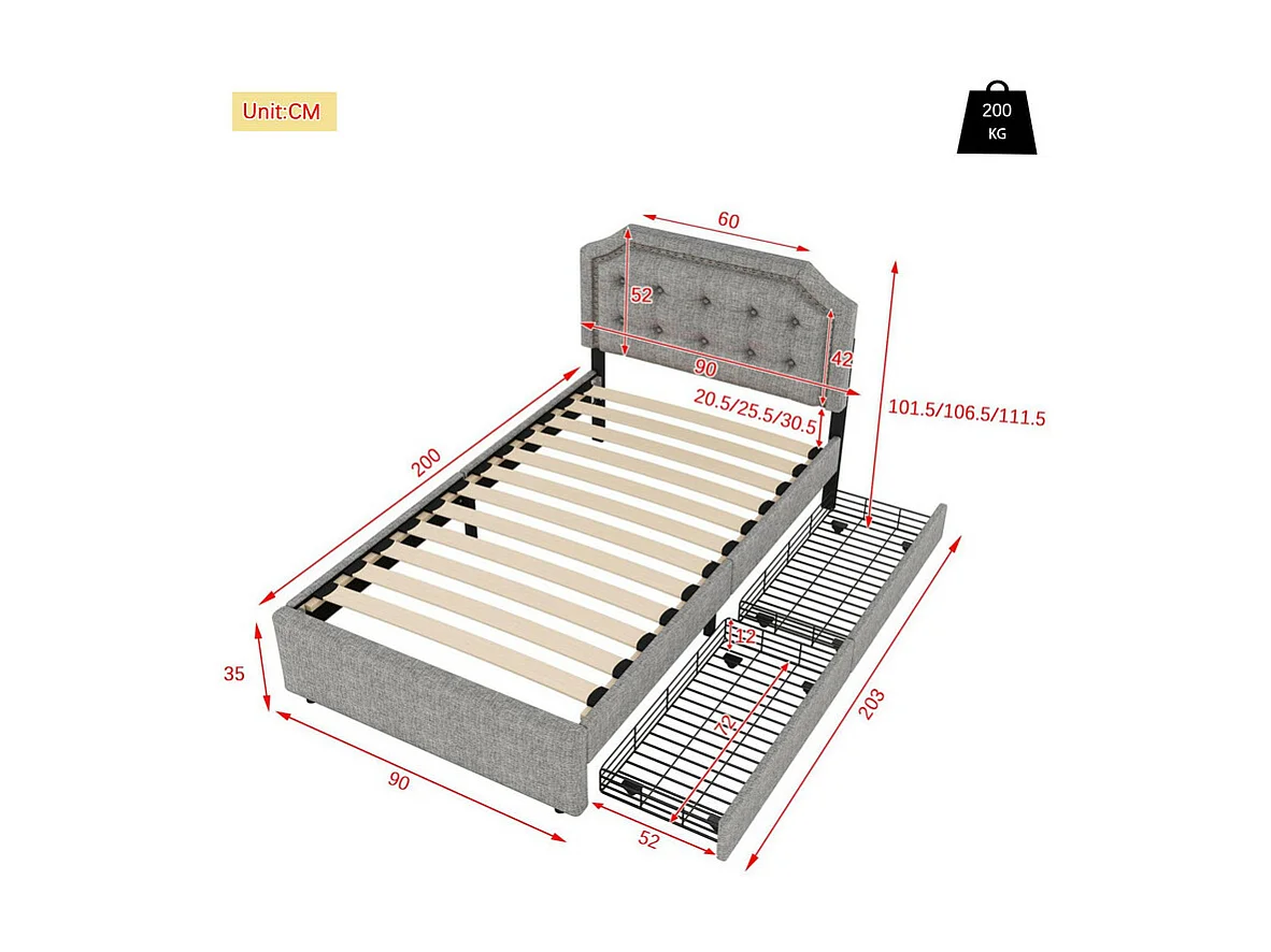 Gestoffeerd bed in linnenstof met 2 lades - 90x200cm - hoofdeinde versierd met klinknagels - Grijs