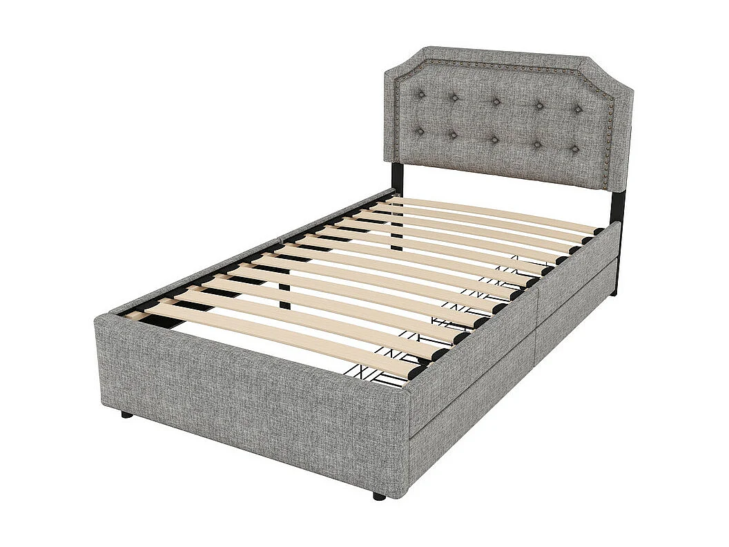 Gestoffeerd bed in linnenstof met 2 lades - 90x200cm - hoofdeinde versierd met klinknagels - Grijs