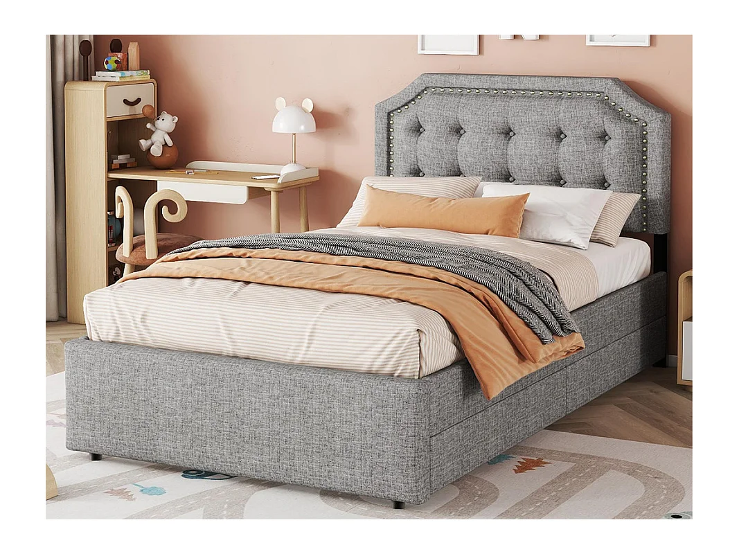 Lit capitonné en tissu de lin avec 2 tiroirs - 90x200cm - tête de lit décorée de rivets - Gris