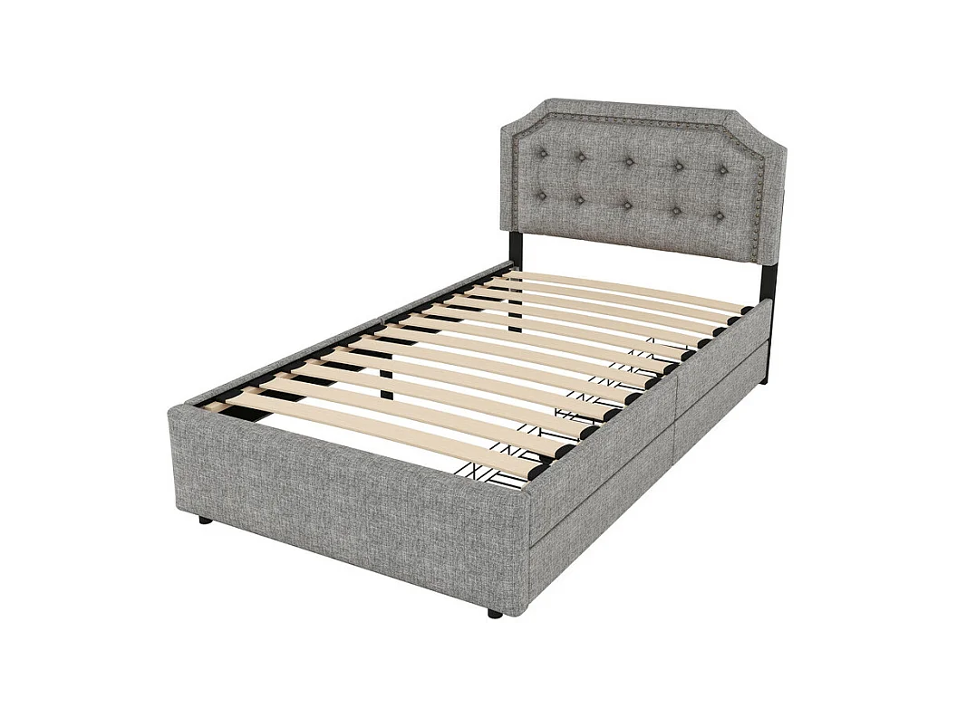 Lit capitonné en tissu de lin avec 2 tiroirs - 90x200cm - tête de lit décorée de rivets - Gris