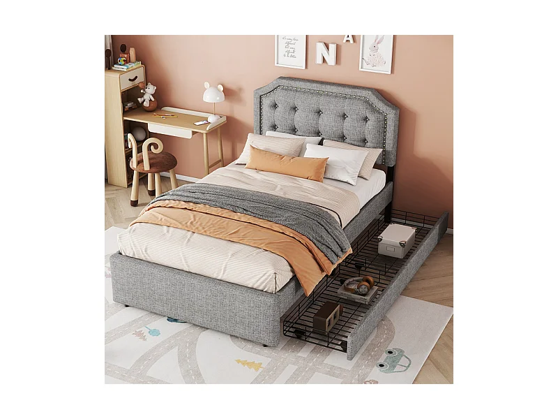 Lit capitonné en tissu de lin avec 2 tiroirs - 90x200cm - tête de lit décorée de rivets - Gris