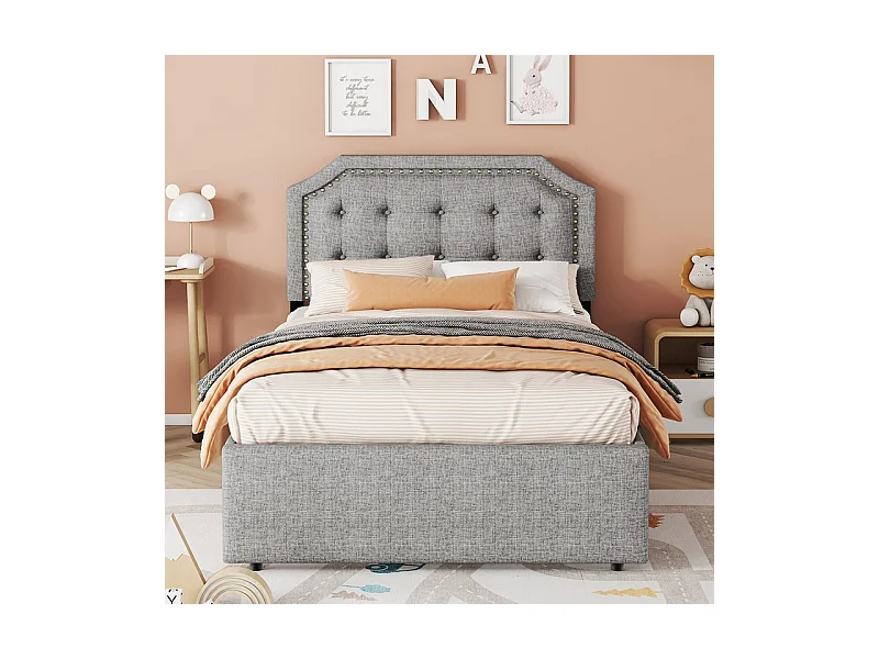 Lit capitonné en tissu de lin avec 2 tiroirs - 90x200cm - tête de lit décorée de rivets - Gris