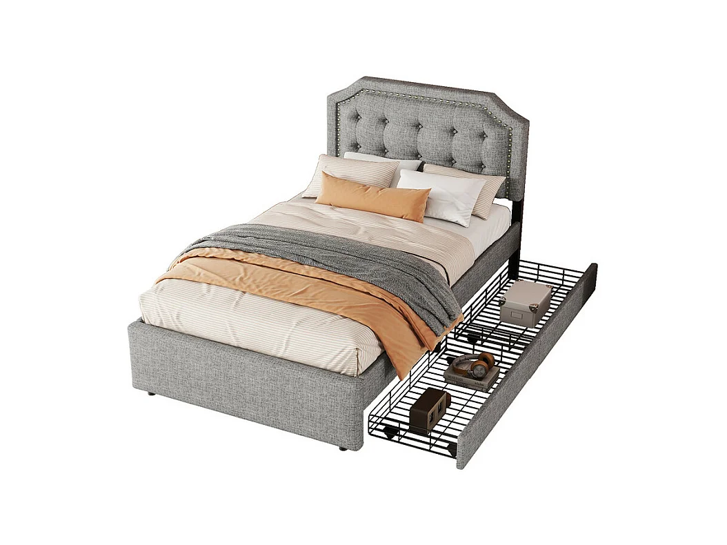 Lit capitonné en tissu de lin avec 2 tiroirs - 90x200cm - tête de lit décorée de rivets - Gris