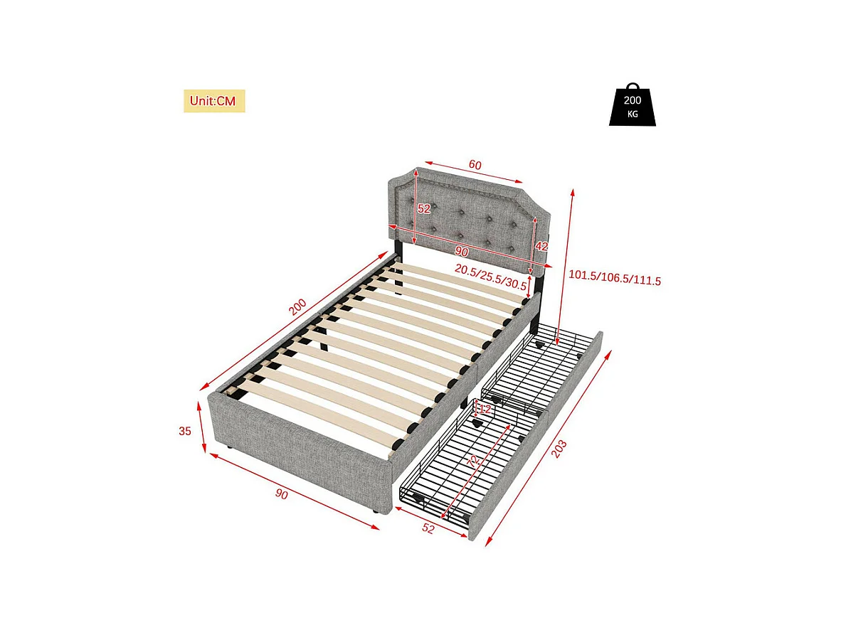 Lit capitonné en tissu de lin avec 2 tiroirs - 90x200cm - tête de lit décorée de rivets - Gris