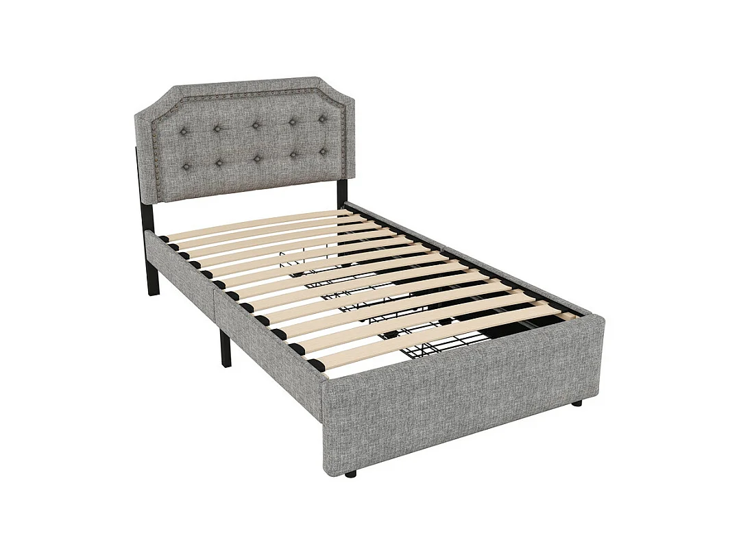 Lit capitonné en tissu de lin avec 2 tiroirs - 90x200cm - tête de lit décorée de rivets - Gris