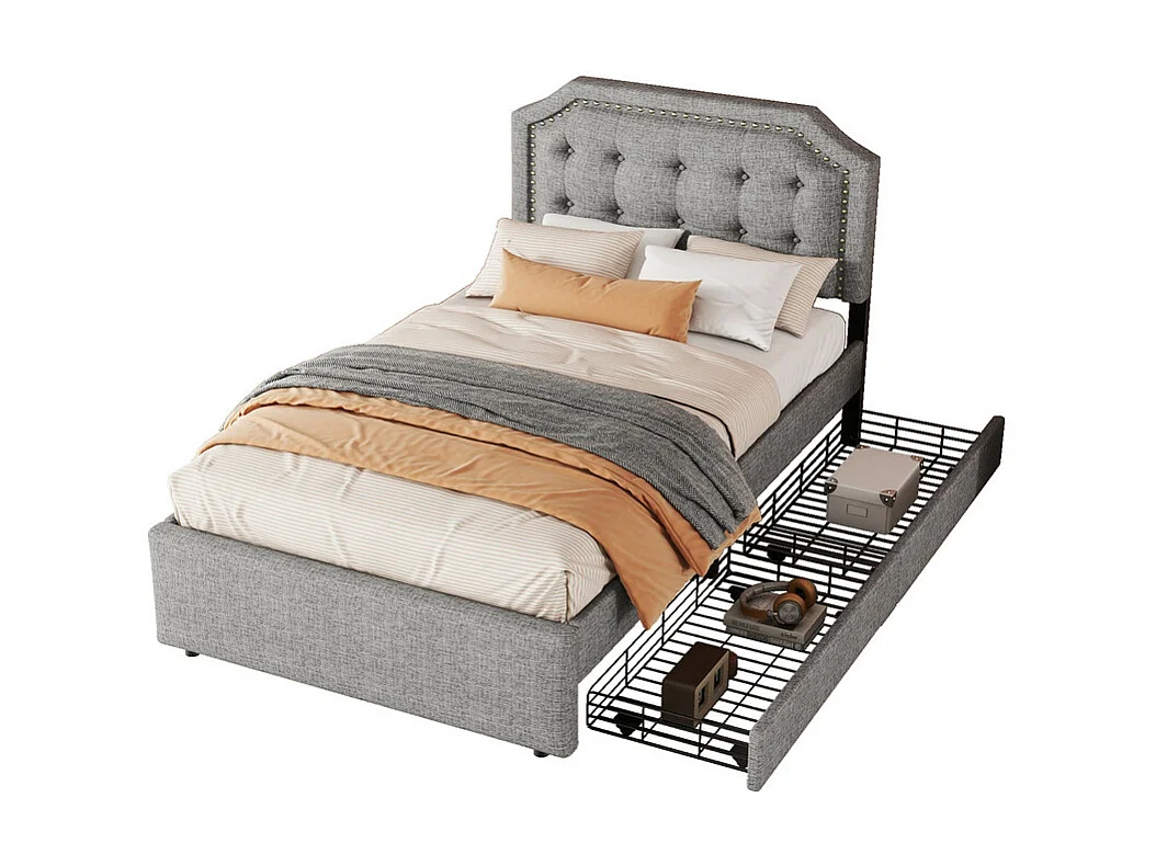 Lit capitonné en tissu de lin avec 2 tiroirs - 90x200cm - tête de lit décorée de rivets - Gris