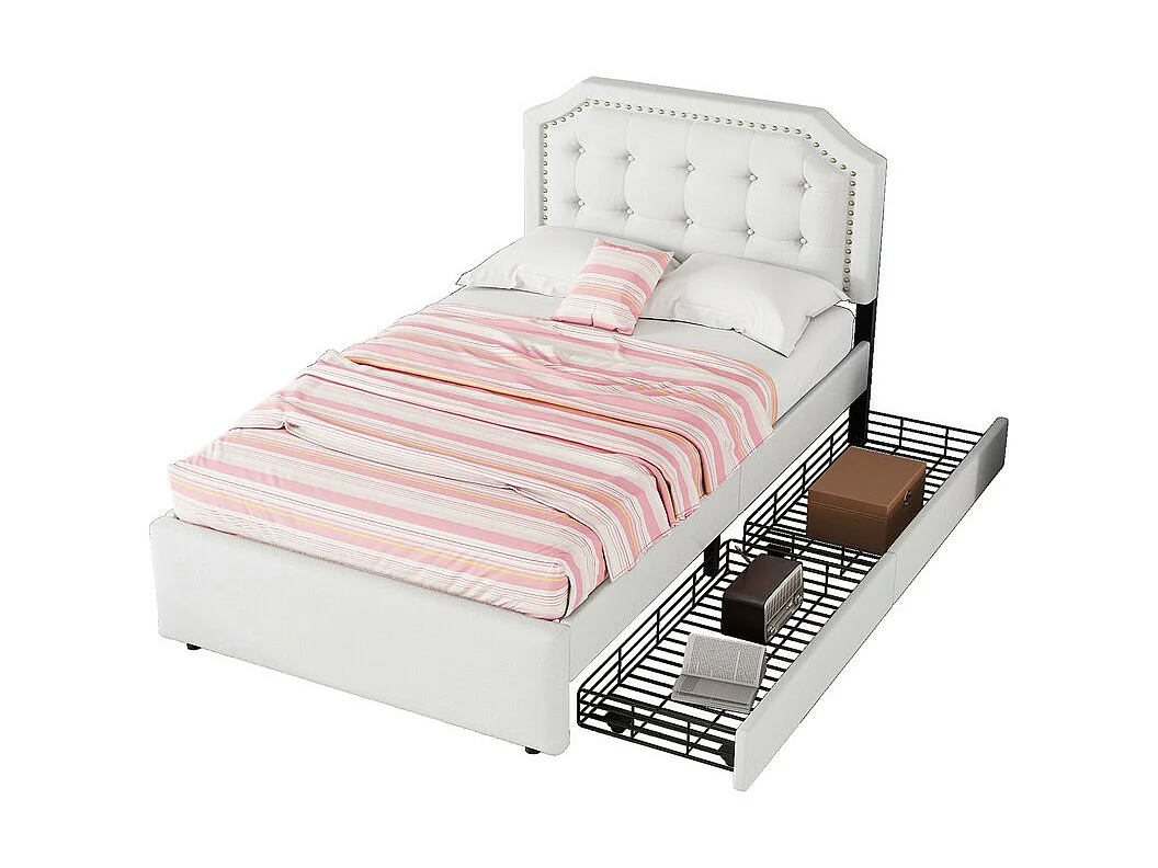 Lit capitonné en tissu de lin avec 2 tiroirs - 90x200cm - tête de lit décorée de rivets - Beige