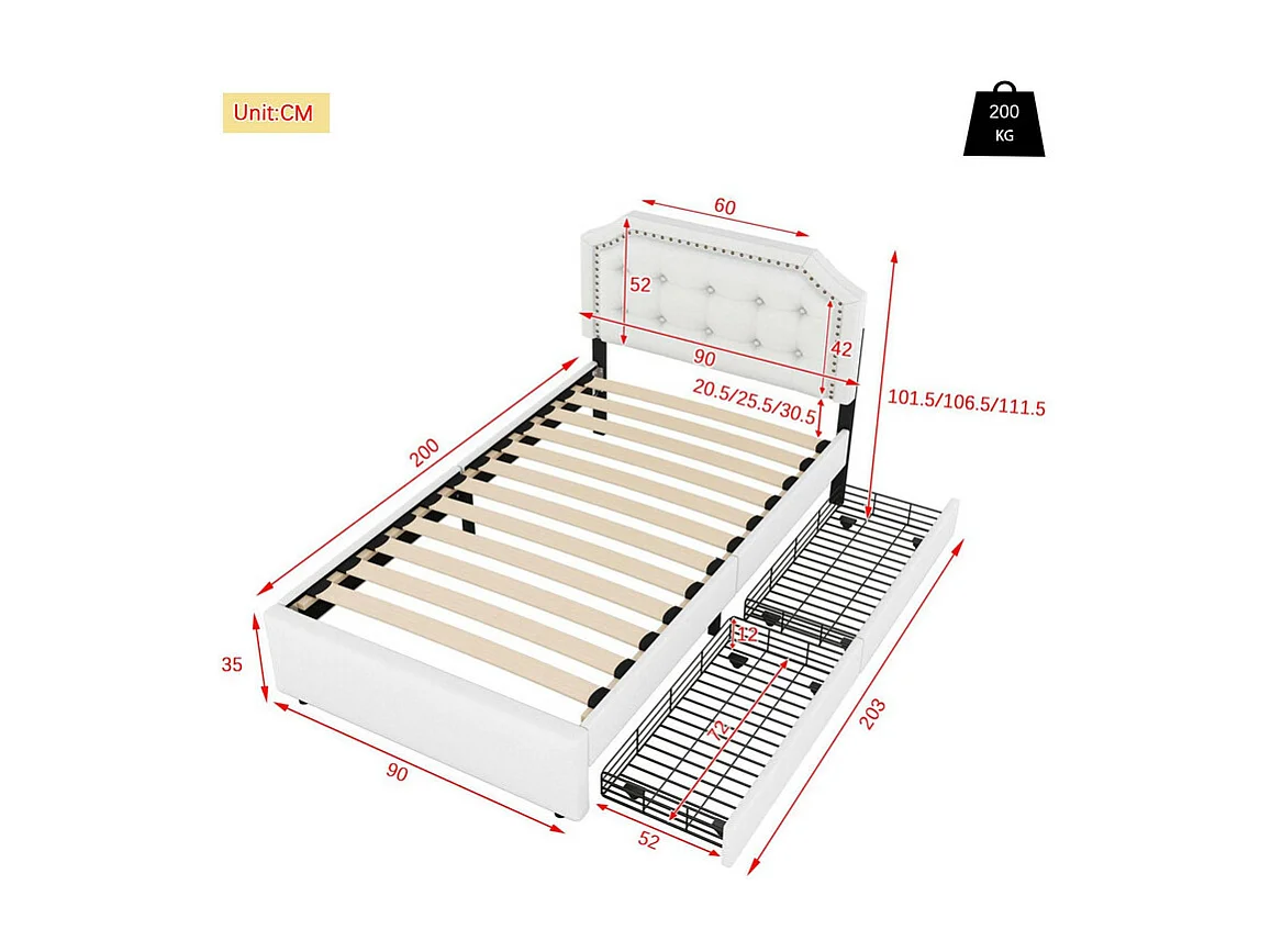 Lit capitonné en tissu de lin avec 2 tiroirs - 90x200cm - tête de lit décorée de rivets - Beige