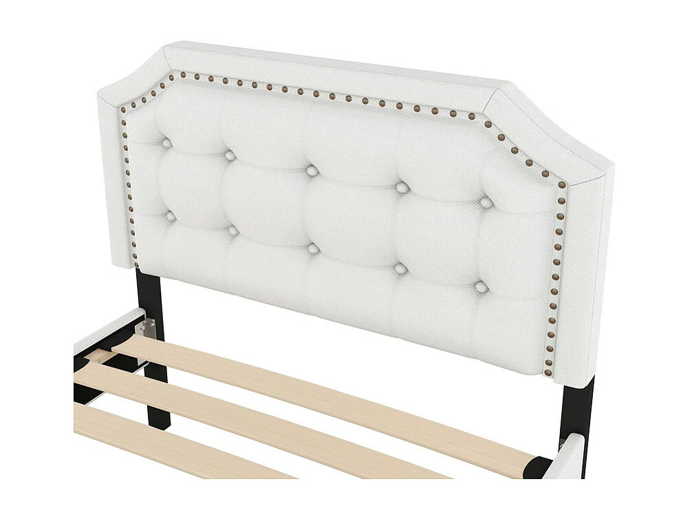 Lit capitonné en tissu de lin avec 2 tiroirs - 90x200cm - tête de lit décorée de rivets - Beige