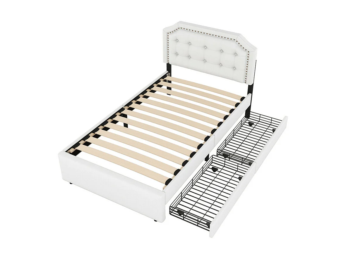 Lit capitonné en tissu de lin avec 2 tiroirs - 90x200cm - tête de lit décorée de rivets - Beige