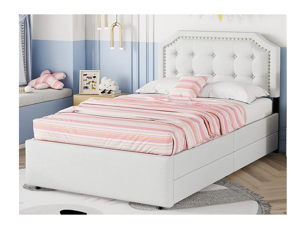 Lit capitonné en tissu de lin avec 2 tiroirs - 90x200cm - tête de lit décorée de rivets - Beige