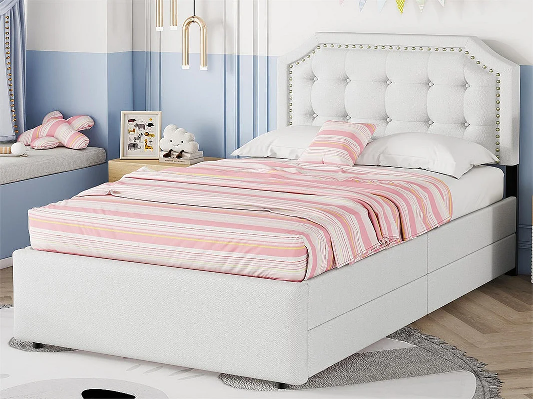 Lit capitonné en tissu de lin avec 2 tiroirs - 90x200cm - tête de lit décorée de rivets - Beige