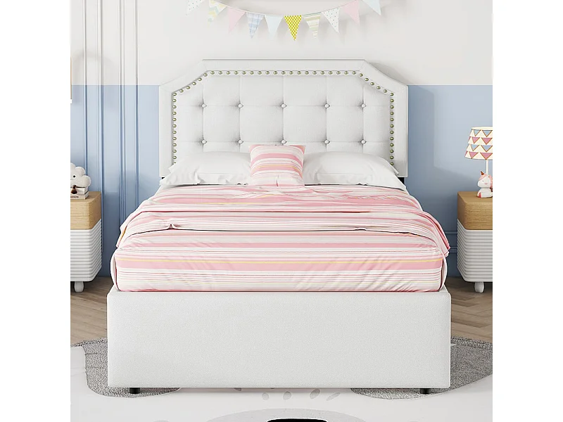 Lit capitonné en tissu de lin avec 2 tiroirs - 90x200cm - tête de lit décorée de rivets - Beige