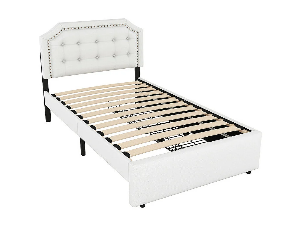 Lit capitonné en tissu de lin avec 2 tiroirs - 90x200cm - tête de lit décorée de rivets - Beige