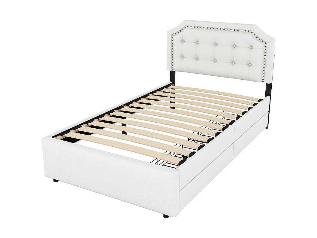 Lit capitonné en tissu de lin avec 2 tiroirs - 90x200cm - tête de lit décorée de rivets - Beige