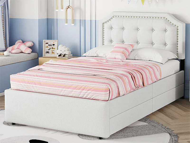 Polsterbett aus Leinenstoff mit 2 Schubladen – 90 x 200 cm – Kopfteil mit Nieten verziert – Braun