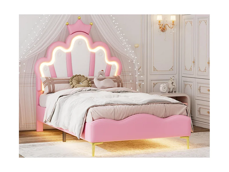 Kinderbett 90x200cm mit LED - Prinzessinnenbett mit Kunstlederkissen - Rosa