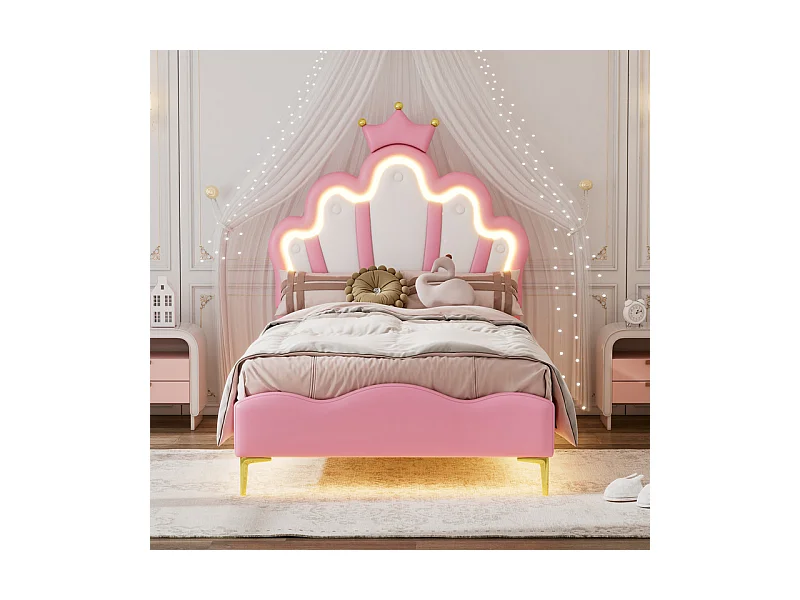 Kinderbett 90x200cm mit LED - Prinzessinnenbett mit Kunstlederkissen - Rosa