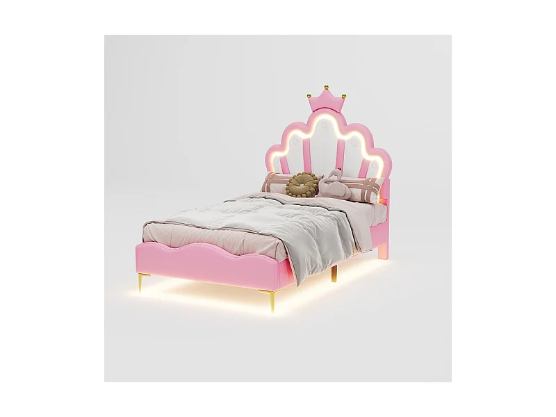 Kinderbett 90x200cm mit LED - Prinzessinnenbett mit Kunstlederkissen - Rosa