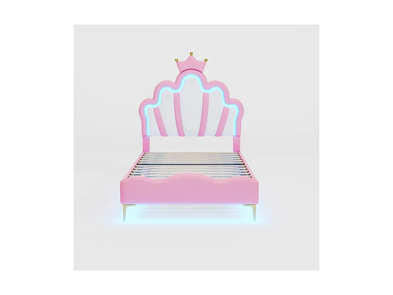 Kinderbett 90x200cm mit LED - Prinzessinnenbett mit Kunstlederkissen - Rosa