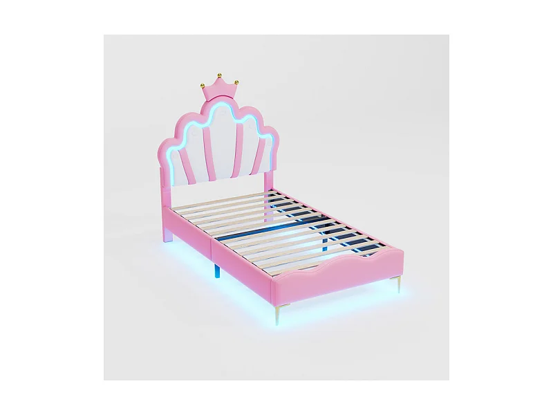 Kinderbett 90x200cm mit LED - Prinzessinnenbett mit Kunstlederkissen - Rosa