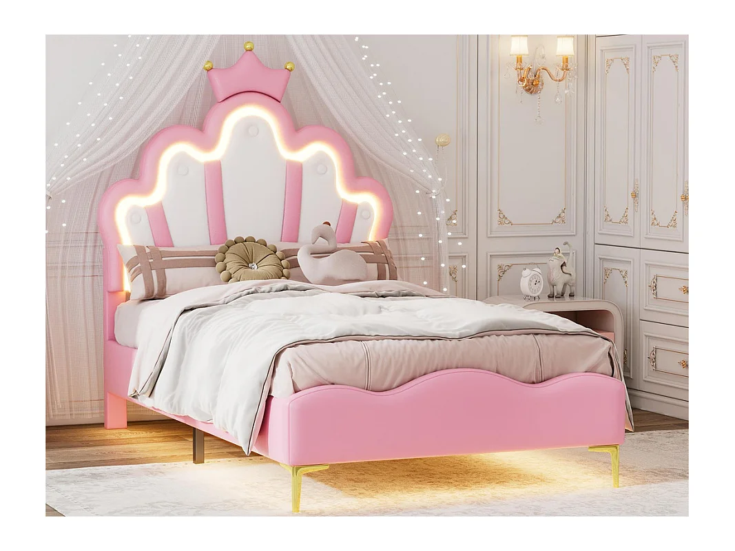 Kinderbed 90x200cm met LED - prinsessenbed met kunstleren kussen - Roze