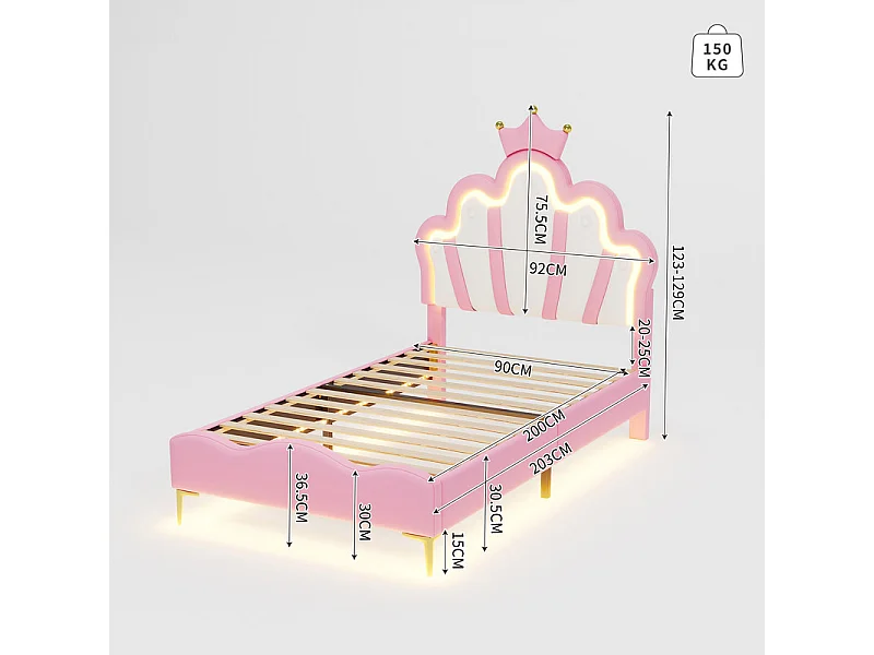 Cama infantil 90x200cm con LED - cama princesa con cojín de piel sintética - Rosa